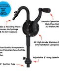 Heavy Duty Rotary Barrel Pump Built Like A Tank With Rust Proof Stainless Steel And PPS Components Fits 15 To 55 Gallon Drums Via Standard Two Inch Bung Opening For No Sweat Chemical Transfers.