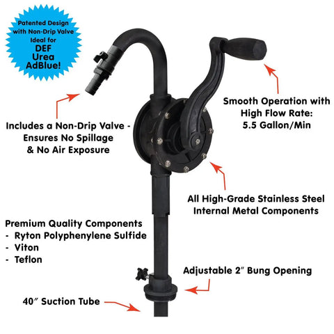 Heavy Duty Rotary Barrel Pump Built Like A Tank With Rust Proof Stainless Steel And PPS Components Fits 15 To 55 Gallon Drums Via Standard Two Inch Bung Opening For No Sweat Chemical Transfers.