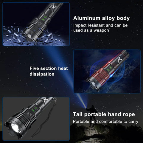 Crazy Bright Rechargeable LED Flashlight With Up To 100000 Lumens Zoomable Beam Six Light Modes IP67 Aluminum Body