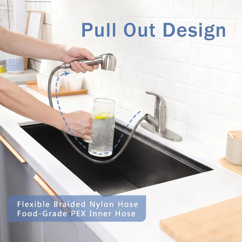 Solid Build Kitchen Faucet With Pull Out Sprayer Lead Free Stainless Steel Sink Mixer Featuring Ceramic Drip Free Cartridge in use
