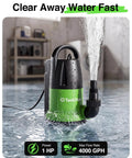 Heavy Duty 1 HP Submersible Water Pump With Smart Float Switch Cranks 4000 GPH, draining water with hose attachment.