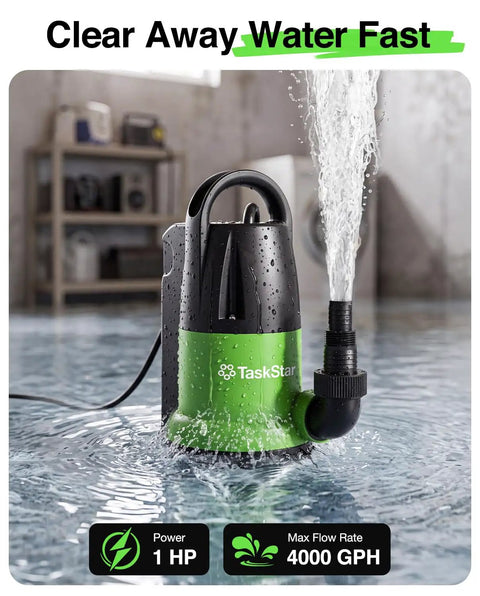 Heavy Duty 1 HP Submersible Water Pump With Smart Float Switch Cranks 4000 GPH, draining water with hose attachment.