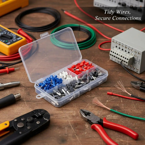 Top Shelf 200 Piece Wire Ferrule Kit With Tinned Copper Crimp Connectors For Stranded Wires And Assorted Pre Insulated Electrical Tube Terminals Plus Durable Storage Box For Secure Reliable Connections, open case