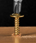 Built Tough Number 8 Half Inch Wood Screws 500 Pack Carbon Steel Truss Head Fasteners being driven into wood.