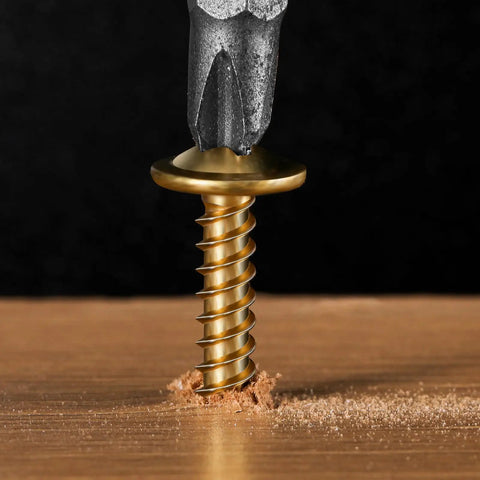 Built Tough Number 8 Half Inch Wood Screws 500 Pack Carbon Steel Truss Head Fasteners being driven into wood.