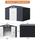 Dimensions of a 10x8 ft heavy duty outdoor tool shed with lockable doors and breathable vent, dark blue metal storage
