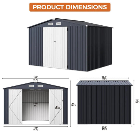 Dimensions of a 10x8 ft heavy duty outdoor tool shed with lockable doors and breathable vent, dark blue metal storage