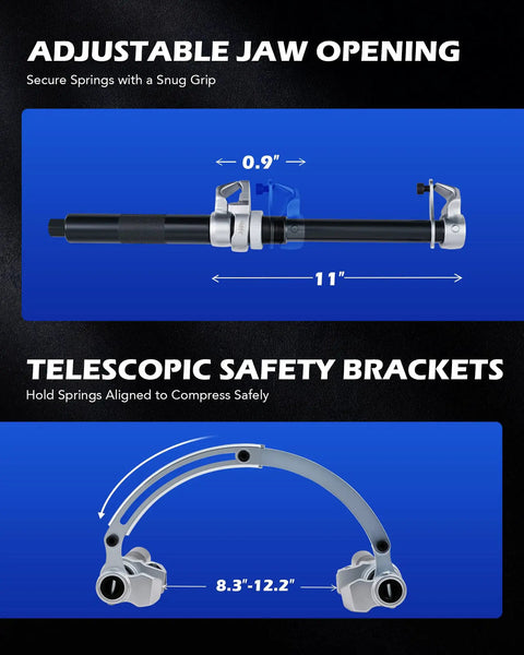Beefy Heavy Duty Coil Spring Compressor Tool Set 2200lb Strut Compressor adjustable jaw opening and telescopic safety brackets