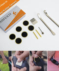 Sixteen In One Bicycle Repair Toolkit With Tire Patch Kit, featuring patches, levers, and tools for on-the-go camping travel repairs.