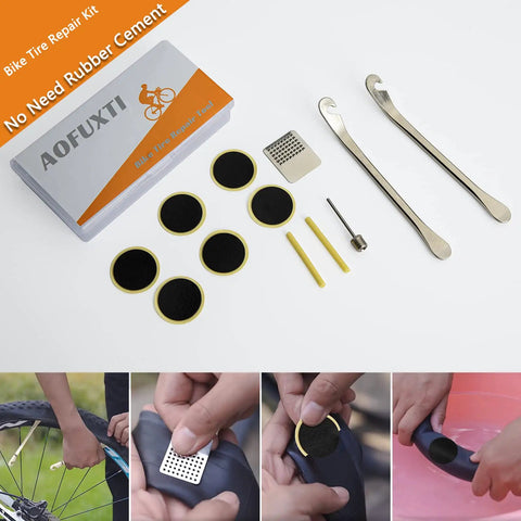 Sixteen In One Bicycle Repair Toolkit With Tire Patch Kit, featuring patches, levers, and tools for on-the-go camping travel repairs.