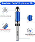 Image showing a Four Piece Flush Trim Router Bit Set With Top And Bottom Bearings One Quarter Inch Shank Carbide Cutter For Veneer And Laminate Shelf Edge Trimming Cutting Diameter Half Inch Lengths Three Quarters To One And A Half Inch, highlighting dual-bearing design and tungsten carbide blades.