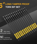 Heavy-Duty 14-Piece Long Torx Bit Set With 6-Inch Reach, T7 Through T40, Tamper-Proof Star Bits in S2 Steel