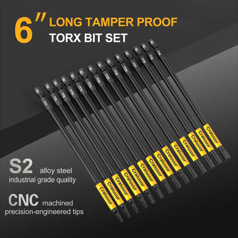 Heavy-Duty 14-Piece Long Torx Bit Set With 6-Inch Reach, T7 Through T40, Tamper-Proof Star Bits in S2 Steel
