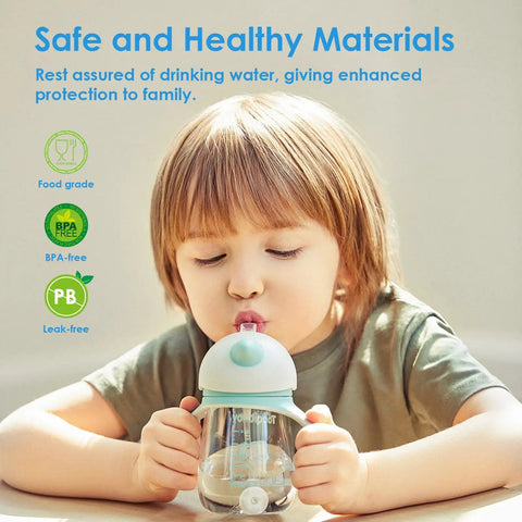 Child drinking from cup with "Safe and Healthy Materials" text, related symbols, and filters for Faucet Water Filter Replacement For PUR 3 Pack NSF Certified Filtration Compatible With PUR RF9999 Removes 99% Heavy Metals And Chlorine Odor Reduction No Fuss Install Fresh Taste For Kitchen.
