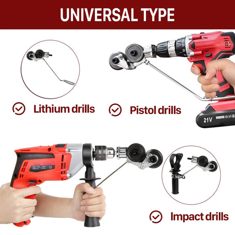 Pro Grade Electric Drill Plate Cutter Kit With Universal Nibbler Attachment and Adapter shown with various drill types