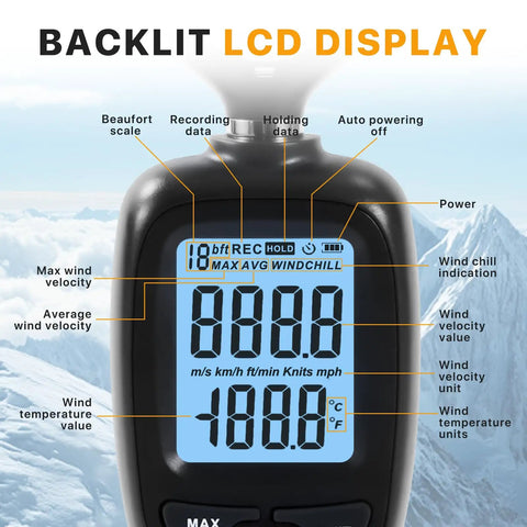 Front view of DA01 Handheld Anemometer With Data Logging And Temperature Monitor Real Time Wind Speed Meter With Backlit Display