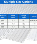 Heavy Duty Twin Wall Polycarbonate Greenhouse Panels 14 Pack size options table showing thickness, width, length, and pieces.