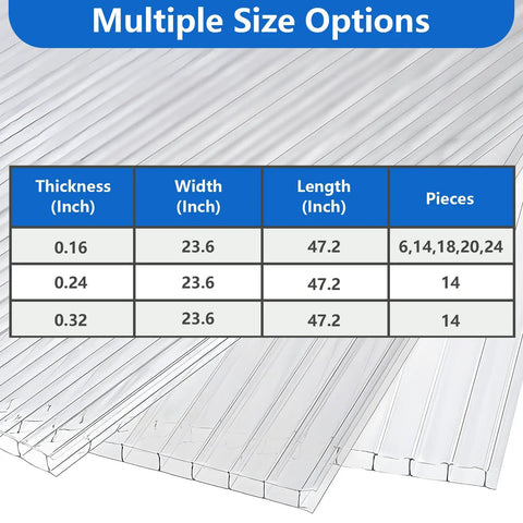 Heavy Duty Twin Wall Polycarbonate Greenhouse Panels 14 Pack size options table showing thickness, width, length, and pieces.