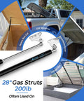 Two ARANA 28-inch, 200 lb gas struts with mounting brackets for lids/hatches (2-pack)