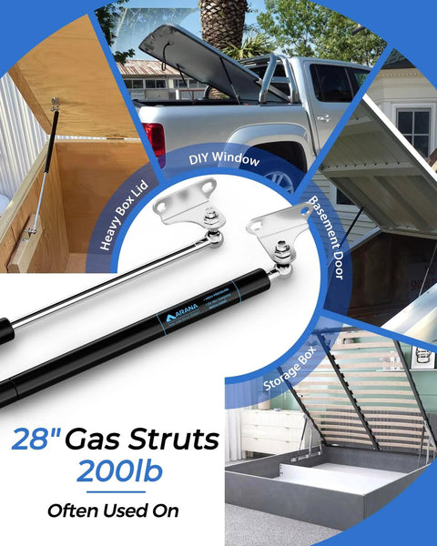 Two ARANA 28-inch, 200 lb gas struts with mounting brackets for lids/hatches (2-pack)