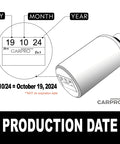 Angled view of CARPRO CQUARTZ DLUX wheel and trim coat bottle with production date label.