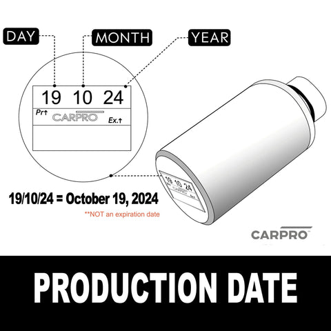Angled view of CARPRO CQUARTZ DLUX wheel and trim coat bottle with production date label.