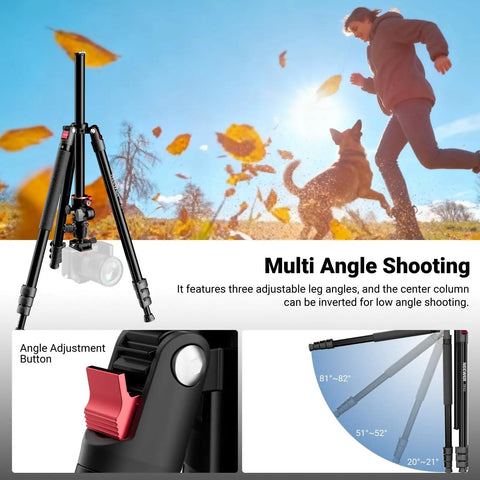 Overhead Camera Tripod With Ball Head And Flexible Center Column Tall 90 Inch Metal DSLR Video Stand showing multi-angle shooting