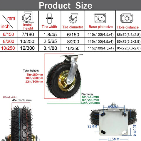 Built Tough Heavy Duty Pneumatic Swivel Caster Set Four Pack Premium Natural Rubber Wheels, 6in diameter, shock absorbing, for warehouse carts.