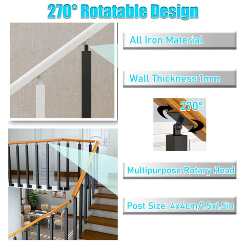 Heavy Duty Square Wrought Iron Railing Spindles With 90 Degree Curved Base, 270° rotatable design for easy indoor outdoor installation.