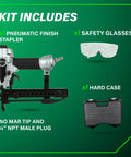 Kit includes Narrow Crown Finish Stapler For Finishing And Cabinetry, safety glasses, hard case, pneumatic trim tool accessories.