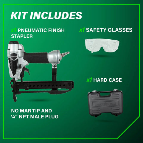 Kit includes Narrow Crown Finish Stapler For Finishing And Cabinetry, safety glasses, hard case, pneumatic trim tool accessories.