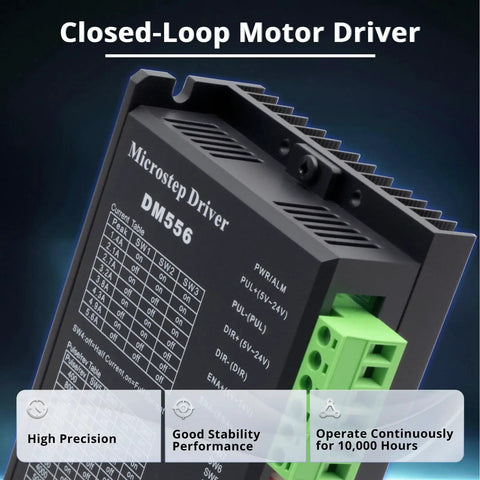 CNC Stepper Motor Driver And Controller 1.4 To 5.6A 20 To 50V DC 2 Phase 128 Micro Step with specs and status indicators.