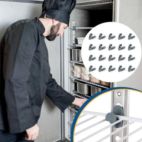 Chef adjusting shelves with 20 Pcs Industrial Freezer Shelf Clips Reinforced for Commercial Refrigerators and Walk-In Freezers Durable Shelf Stabilizers for Restaurants and Home Kitchens Easy Fit Rock-Solid Hold and Long-Lasting Storage Solution in a commercial fridge, close-up of clip detail.