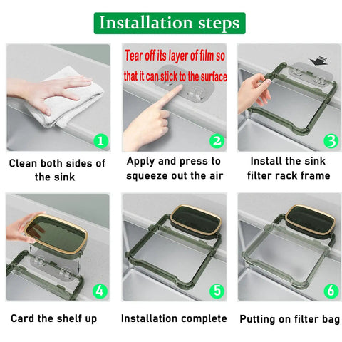 Installation steps for Foldable Kitchen Sink Strainer With Filter Rack And 100 Disposable Fine Mesh Bags Durable Sink Filter Holder
