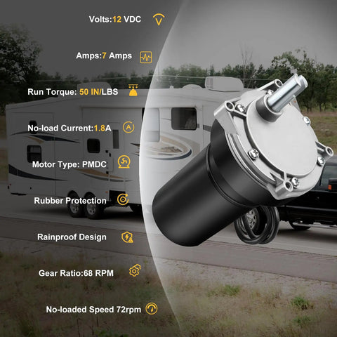 Rear RV Electric Stabilizer Jack Motor Replacement For Lippert Systems with specs, trailer and motor close-up view