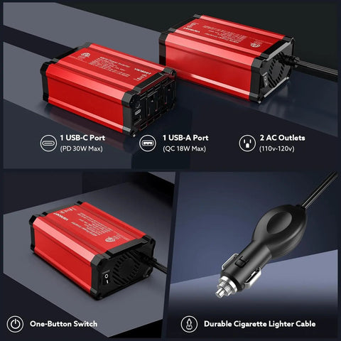 400W Power Inverter DC 12V to AC 110V Converter with dual AC outlets and USB ports for car and RV use.