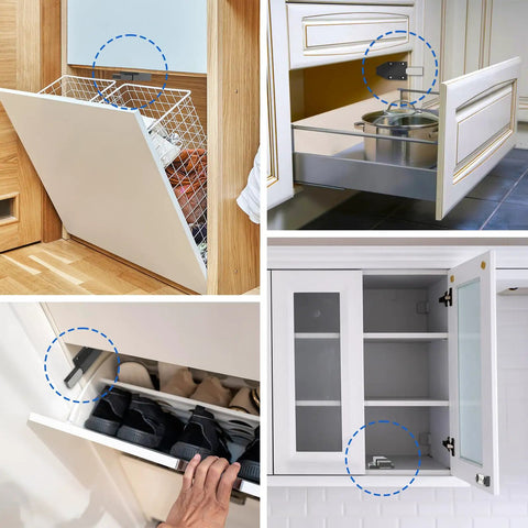 Push To Open Cabinet Latch Set Heavy Duty Touch Latch Magnetic Spring Release For Large Doors Hidden Door Catch Cabinet Magnets For Cupboard And Drawer No Knob Look Black 2 Pack installed on various cabinets and drawers