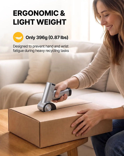 Fieldoria Upgrade 4-Speed Electric Box Cutter for Cutting Cardboard shown in use on a cardboard box for easy cutting.