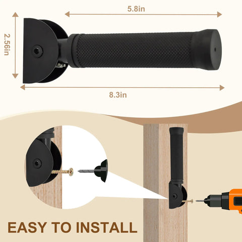 Rock Solid Flip Up Grab Bar For Seniors Eight Point Three Inch wall mount safety handle installed with visible dimensions and drill.