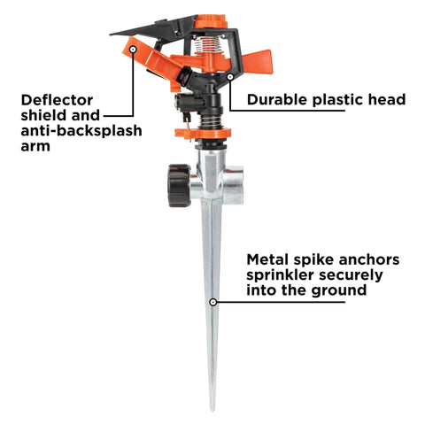 Impulse Sprinkler With Stable Zinc Spike For Big Lawns Up To 5027 Sq Ft 80 Ft Diameter Coverage Adjustable Full Circle To Partial Spray Easy Setup And Secure Spike Base, featuring durable plastic head and metal spike