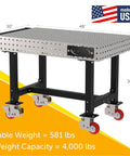Heavy Duty Mobile Welding Station Rig With Precision Laser Cut Holes And Heavy Suspension For A Badass Workshop Setup And Custom Metal Craftsmanship Plus Locking Casters, 48x30x36 inches, solid steel frame.