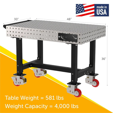 Heavy Duty Mobile Welding Station Rig With Precision Laser Cut Holes And Heavy Suspension For A Badass Workshop Setup And Custom Metal Craftsmanship Plus Locking Casters, 48x30x36 inches, solid steel frame.