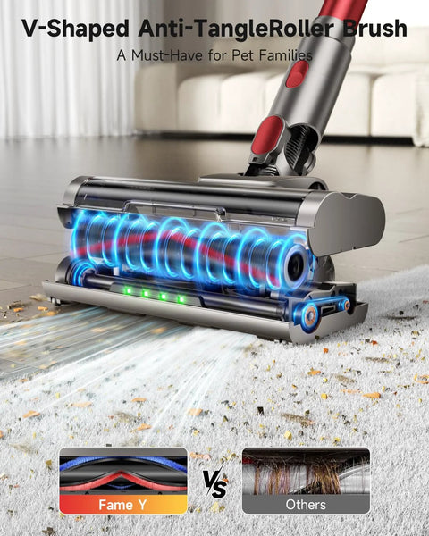AIPOWAY cordless vacuum cleaner with a transparent brush bar and blue-glow rollers on a carpet.