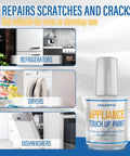 White Appliance Touch Up Paint Pen With High Gloss Finish For Refrigerator, Washer, Dryer, Dishwasher And Microwave Quick Dry Chip Resistant Water And Heat Safe Scratch Repair, showing its application on appliances.