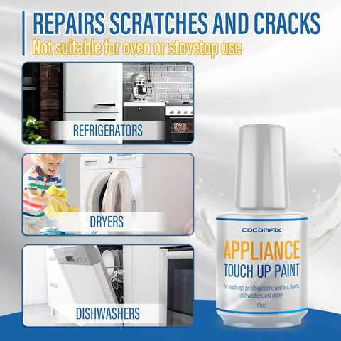 White Appliance Touch Up Paint Pen With High Gloss Finish For Refrigerator, Washer, Dryer, Dishwasher And Microwave Quick Dry Chip Resistant Water And Heat Safe Scratch Repair, showing its application on appliances.