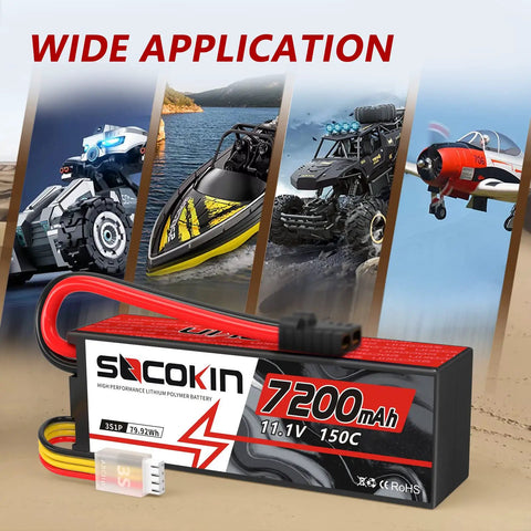 3S Lipo Battery 11.1V 7200mAh 150C Beefy High Discharge RC Battery Pack with Hard Case and TR Plug for RC vehicles