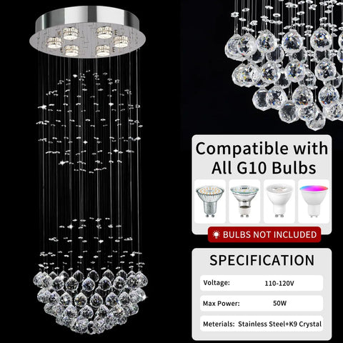 6 Light Crystal Chandelier For Dining Room And Living Room, Crystal Ball Rain Drop Flush Mount Ceiling Light Fixture, close-up view