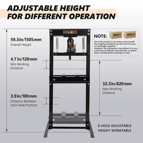 Adjustable height features of Hardcore 20 Ton Hydraulic Shop Press With H Frame Rig And Stamping Plates for different operations.