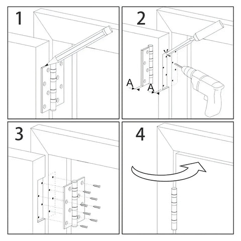 Installation steps for Top Shelf Residential Brushed Nickel Door Hinges Three Point Five Inches with rounded corners.