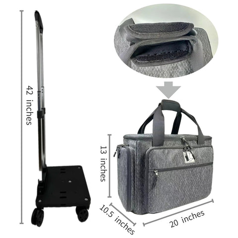 Rolling Sewing Machine Bag With Five 360 Degree Rotating Wheels And Hard Bottom Pad showcasing dimensions and handle height.